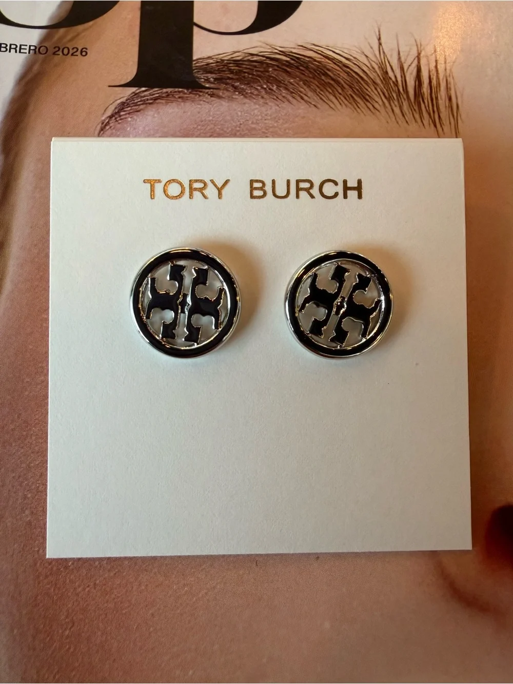Tory Burch Silver Round Logo Stud Earrings